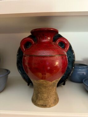 Southern Living Red and Tan Glazed Double-Handled Ceramic Olive Vase
